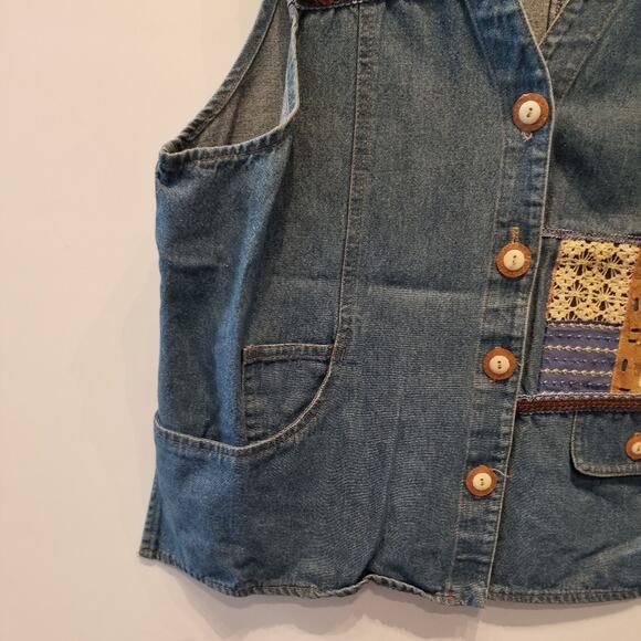 Vintage 90's Boho Denim Vest Gypsey Style Button Vest Petites Size 14 - Picture 8 of 10